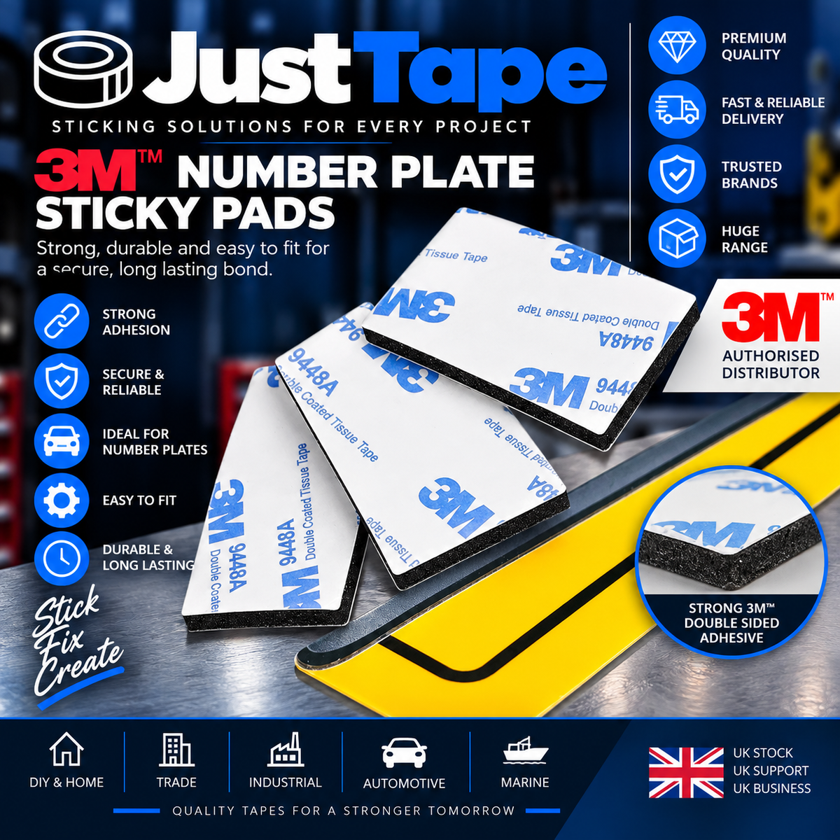 6 x BANDES AUTOCOLLANTES POUR PLAQUES D'IMMATRICULATION 3M